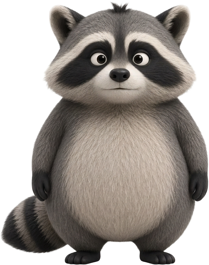 Mr. Wobbo, a round and friendly raccoon, standing confidently